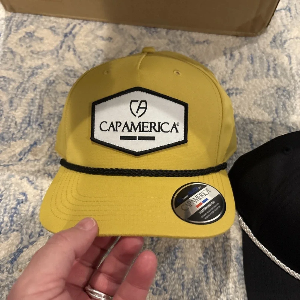 2 Cap Bundle Cap America hat, Dri-Fit Golf , Black Cap, Mustard Cap, Adjustable